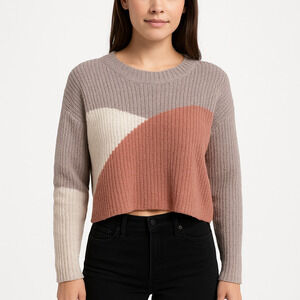 Debut Sweater Neutral Sz Med Colorblock Cropped Crew Neck Knit Pullover Modern